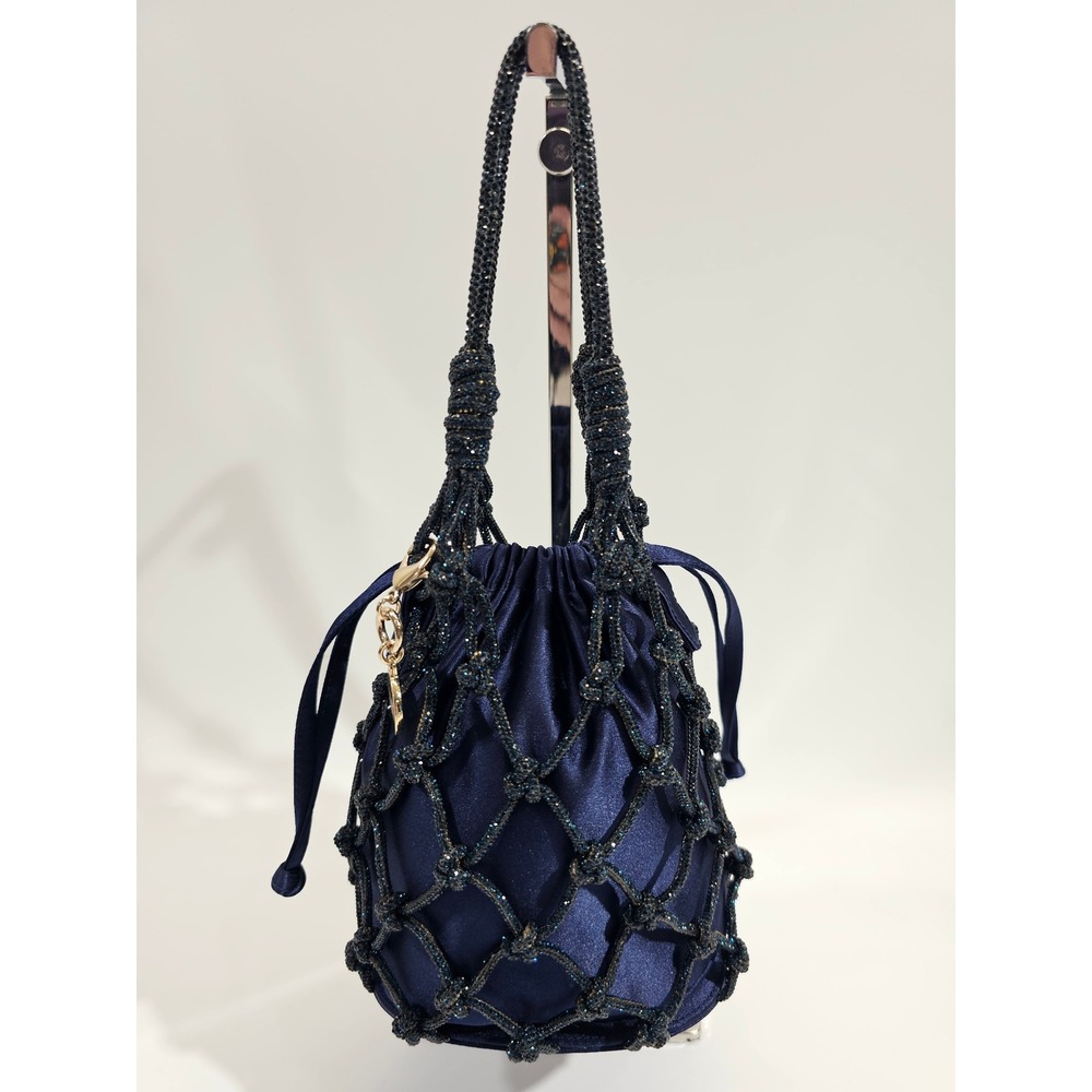 Judith Leiber Couture Sparkle Net Pouch Bag Bucket Navy Satin Mesh Evening EUC - Picture 2 of 13